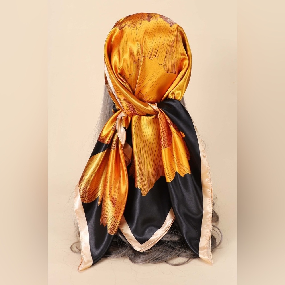 Elle Black & Yellow Gold Flower Satin Scarf - Picture 3 of 3